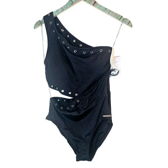 Michael Michael Kors Black Cruise 2020 One Shoulder Side Out Rivets, Sz 12, NWT - Picture 4 of 12